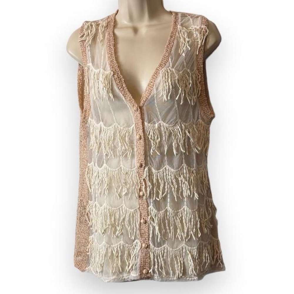 A'Reve Ivory & Beige Crochet Fringe Sleeveless Top, Women's Size M